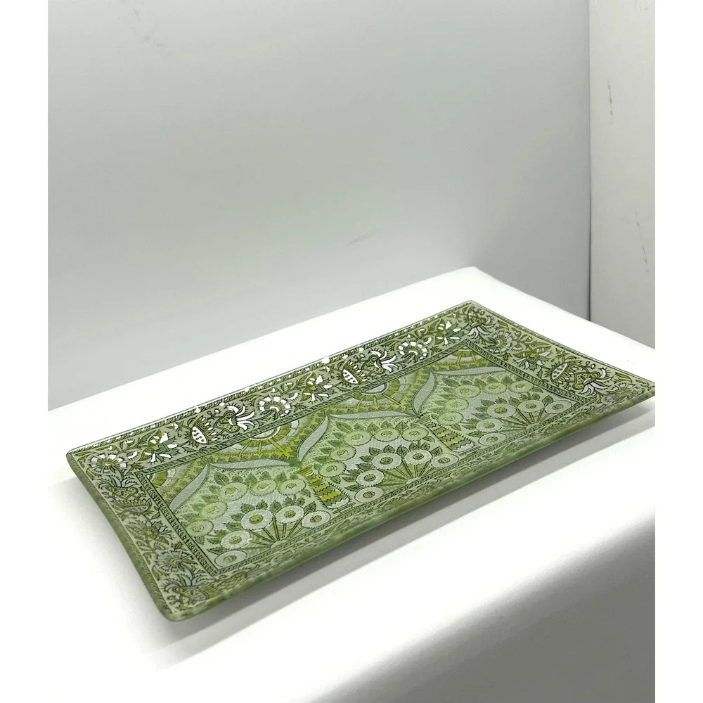 Pottery Barn Green Silver Floral Glass Decorative Tray Rectangular Platter